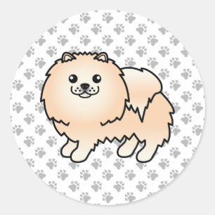 Sticker Rond Pomeranian crème Chien de dessin animé mignon & Pa
