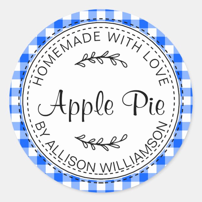 Sticker Rond Pomme maison rustique pâté bleu clair chèque (Devant)