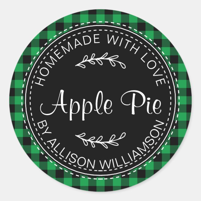 Sticker Rond Pomme maison rustique tarte vert noir plaid (Devant)