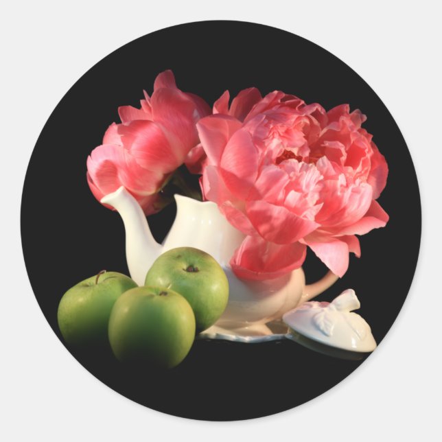 Sticker Rond Pommes Vertes Et Peonées Dans Une Théière (Devant)