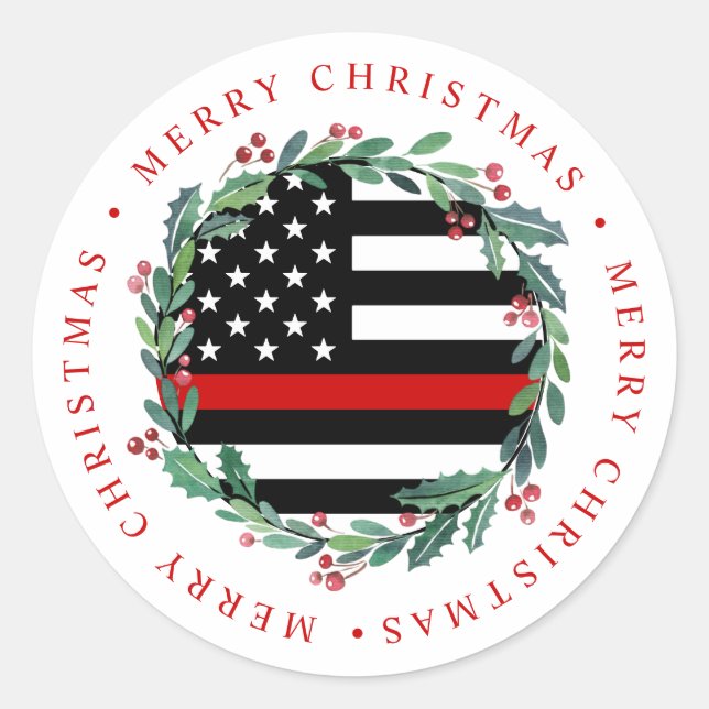 Sticker Rond Pompier mince ligne rouge couronne Joyeux Noël (Devant)