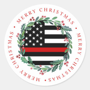 Sticker Rond Pompier mince ligne rouge couronne Joyeux Noël