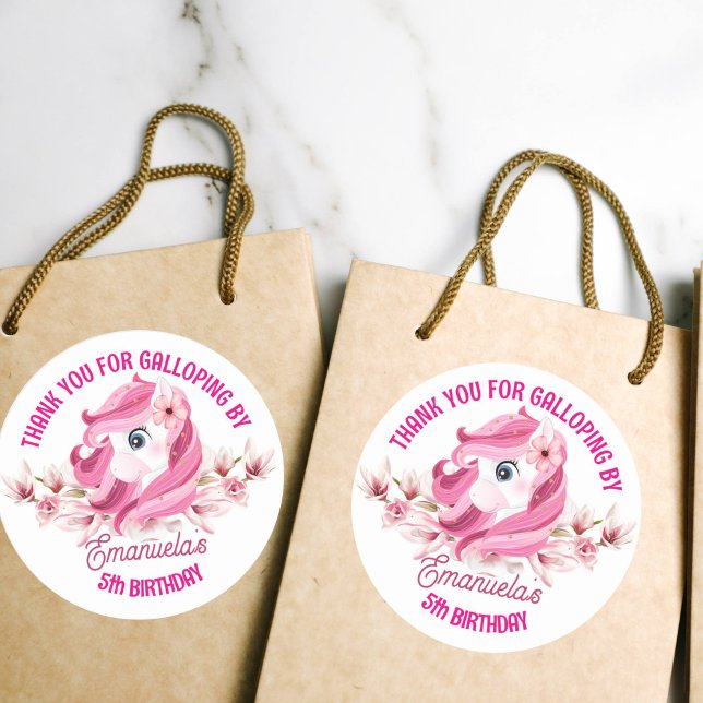 Sticker Rond Pony anniversaire fête rose cheval merci (Créateur téléchargé)