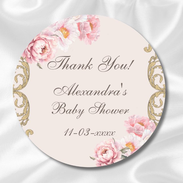 Sticker Rond Pony rose Rococo Baby shower Floral Merci (Créateur téléchargé)
