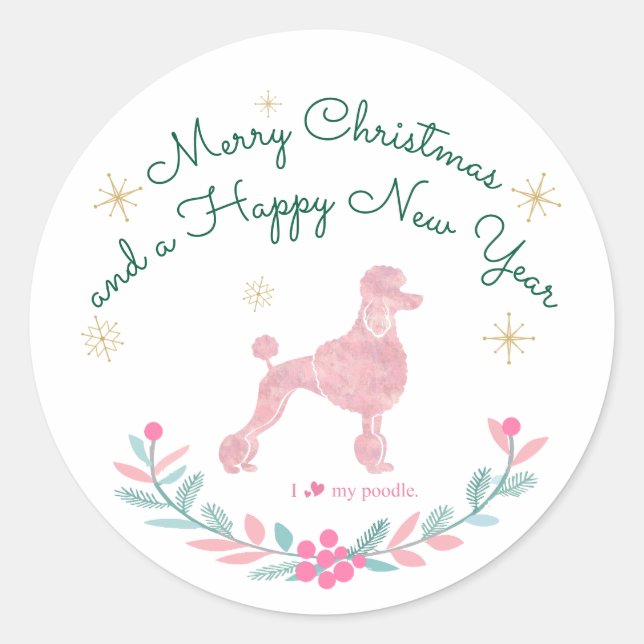 Sticker Rond Poodle Pastel Pink Gift Wrap - Personal Text (Devant)