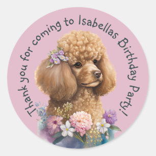 Sticker Rond Poodle violet Merci chien floral Whimsical