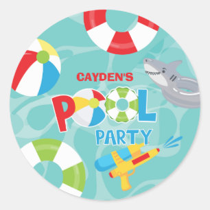 Sticker Rond Pool Party Boy Birthday Shark Flotte