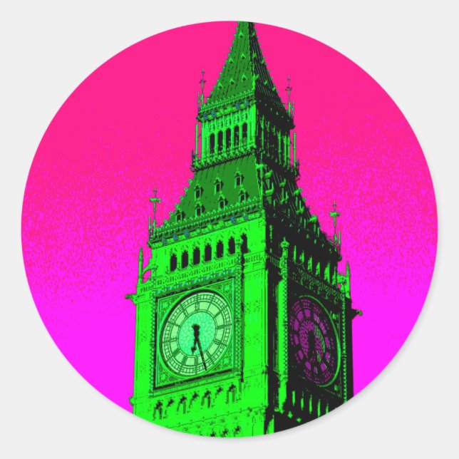 Sticker Rond Pop Art Big Ben Londres Voyage rose Vert (Devant)