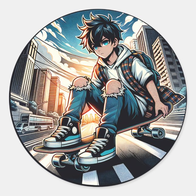 Sticker Rond Pop Art Boy sur Skateboard en ville (Devant)
