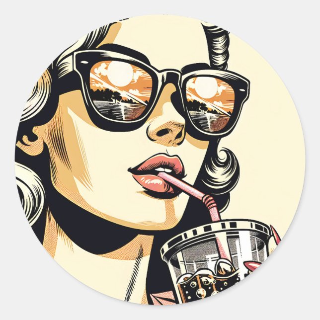 Sticker Rond Pop Art Comic Livre Jolie Femme Boire Soda (Devant)