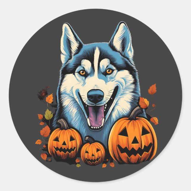 Sticker Rond Pop Art Smilling Husky Chien avec Halloween Citrou (Devant)