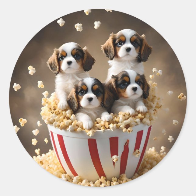 Sticker Rond Popcorn Cavalier Spaniel Chiots, (Devant)