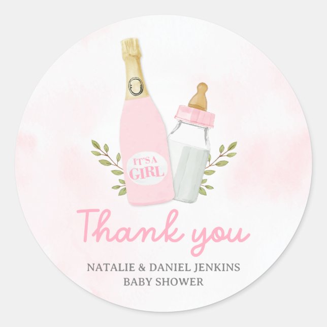 Sticker Rond Poppin Bouteilles Fille Baby shower Favoriser (Devant)