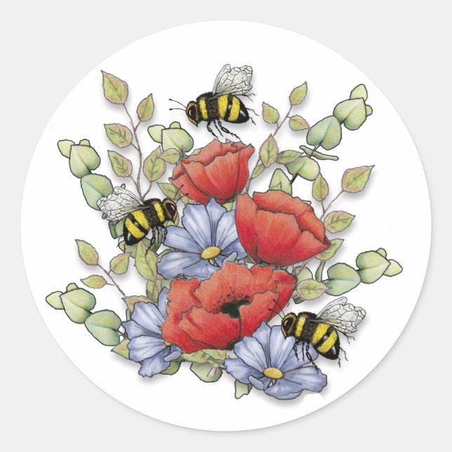Sticker Rond Poppy Flowers and Bees Digital Drawing, Botanical  (Devant)