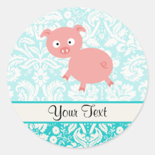 Sticker Rond Porc rose mignon ; Damassé turquoise