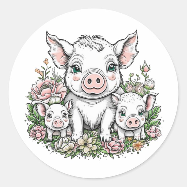 Sticker Rond Porcs et cochons mignons en Fleurs (Devant)