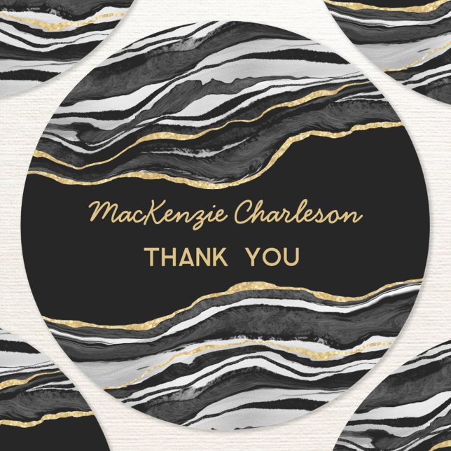 Sticker Rond Porte en marbre noir Gold Geode Merci Business (Black marble agate geode gold effect modern business thank you sticker)