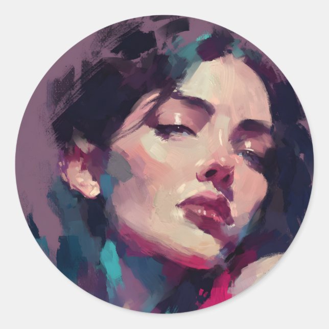 Sticker Rond Portrait Abstrait avec Reflets Néon (Devant)
