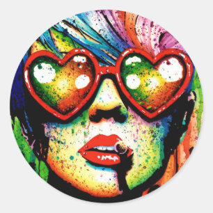 Sticker Rond Portrait d'art de la poupée électrique