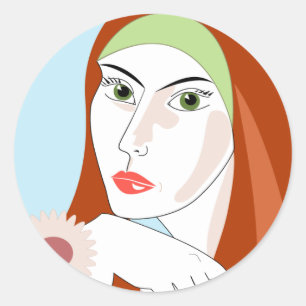 Sticker Rond Portrait d'art floral rétro rousse Fashion