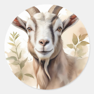 Sticker Rond Portrait de chèvre d'aquarelle dans des tons de te