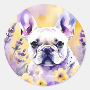 Sticker Rond Portrait De Chien Français Avec Fleur sauvage