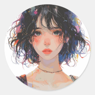 Sticker Rond Portrait de fille japonaise artistique