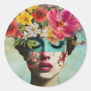 Sticker Rond Portrait Floral Vintage