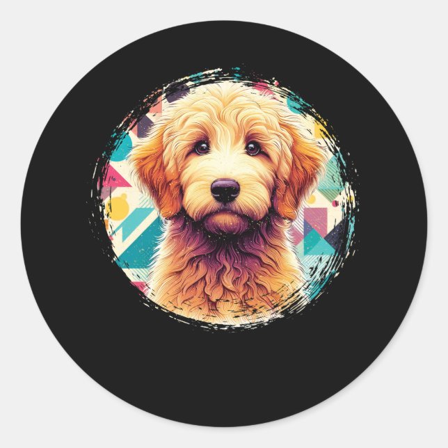 Sticker Rond Portrait mignon Goldendoodle Chien sur Doodle Doré (Devant)