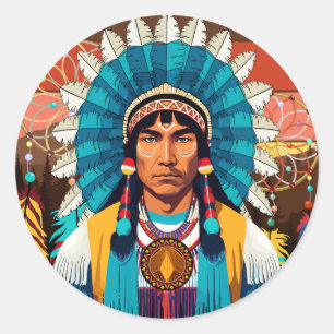 Sticker Rond Portrait puissant en chef amérindien