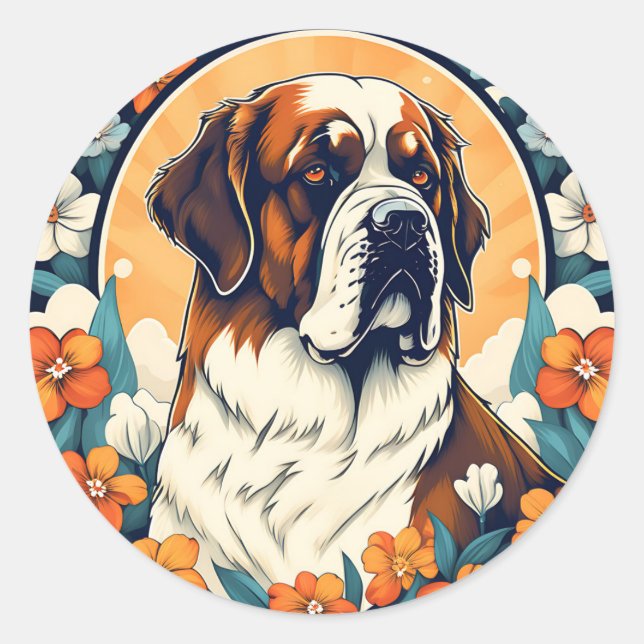 Sticker Rond Portrait Saint Bernard Chien Avec Fleurs (Devant)