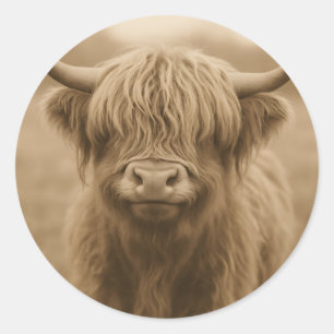 Sticker Rond Portrait sépia de vache des Highlands