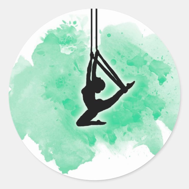 Sticker Rond Pose de soie aérienne sur l'aquarelle verte (Devant)