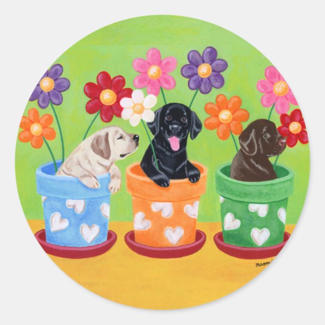 Sticker Rond Pot à fleurs Labrador Chiots (Devant)