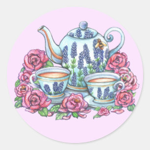 Sticker Rond Pot à thé et Rose