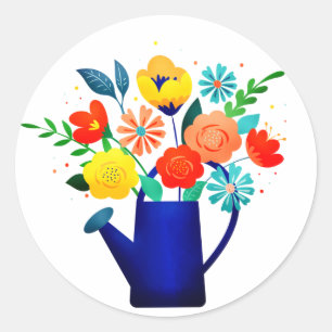 Sticker Rond Pot d'arrosage bleu élégant et fleurs rouges jaune