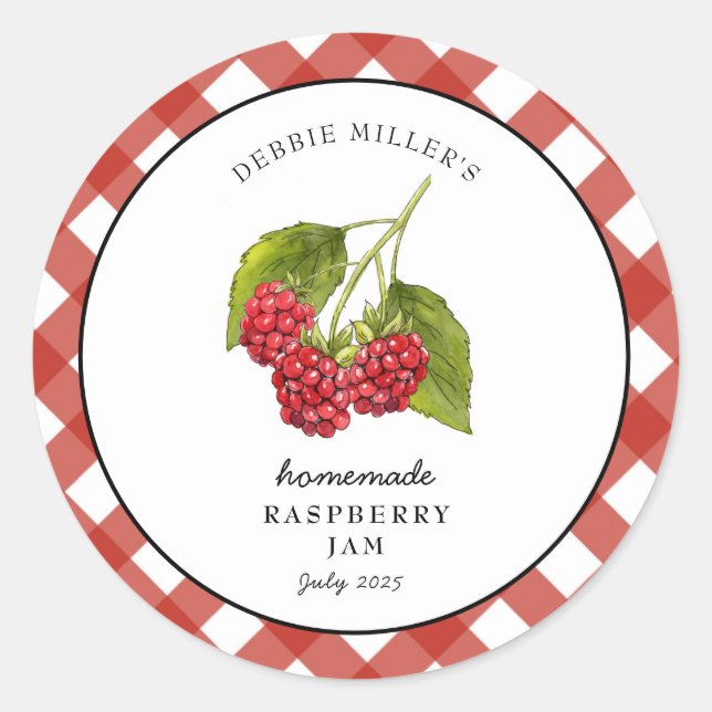 Sticker Rond Pot de confiture de framboise à carreaux  (Devant)
