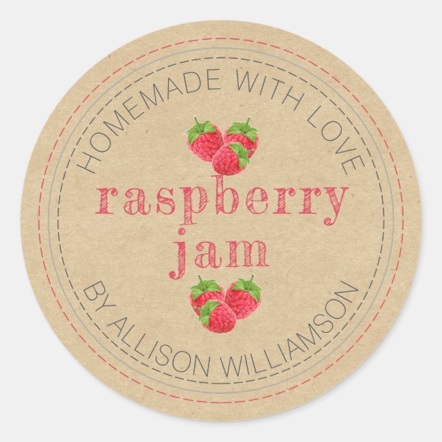 Sticker Rond Pot de confiture de framboise fait maison rustique (Devant)