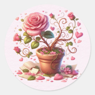 Sticker Rond Pot de fleurs rose roses Valentine