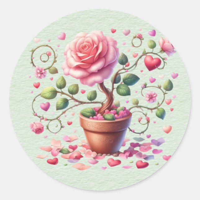 Sticker Rond Pot de fleurs rose roses Valentine (Devant)