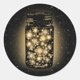 Sticker Rond Pot rougeoyant de lucioles avec des étoiles de