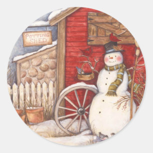 Sticker Rond Pot Rustique Shop Noël Snowman