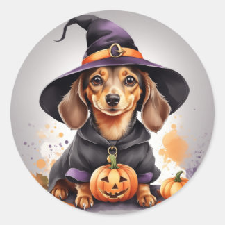 Sticker Rond Potions et pattes : Sorcière Dachshund sur un Citr