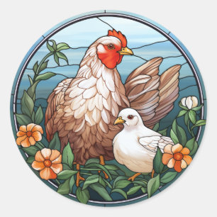 Sticker Rond Poule et poulette en verre doux