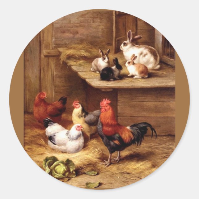Sticker Rond Poules de coq lapin animaux de ferme lapins (Devant)