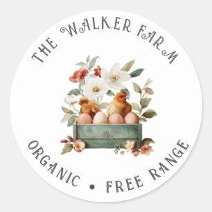 Sticker Rond Poulet à l'aquarelle Ferme Florale Familiale