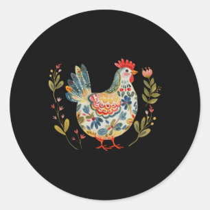 Sticker Rond Poulet Boho Fleur Art Populaire Floral Agriculteur