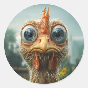 Sticker Rond Poulet Drôle aux Grands Yeux en Gros Plan