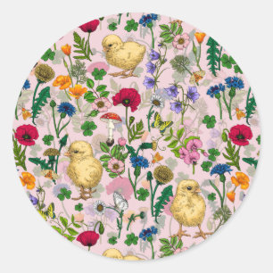 Sticker Rond Poulets et fleurs sauvages sur coton bonbon rose
