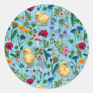 Sticker Rond Poulets et fleurs sauvages sur le bleu bébé